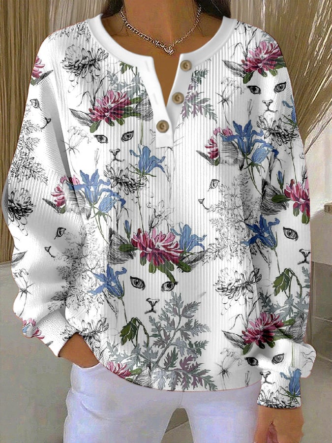 Women's Floral Cat Print Knitted Crew Neck Long Sleeve Top
