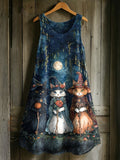 Women's Casual Cute Cat Cotton And Linen Dress
