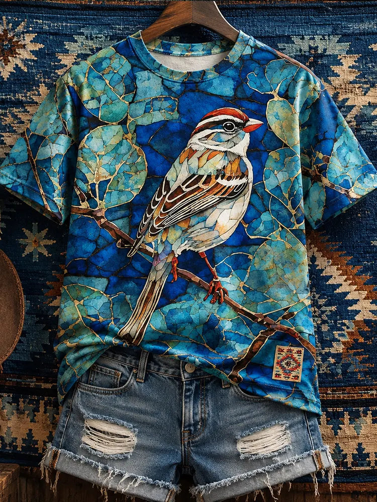 Women's Colorful Bird On A Tree Branch Art Crew Neck Top