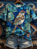 Women's Colorful Bird On A Tree Branch Art Crew Neck Top
