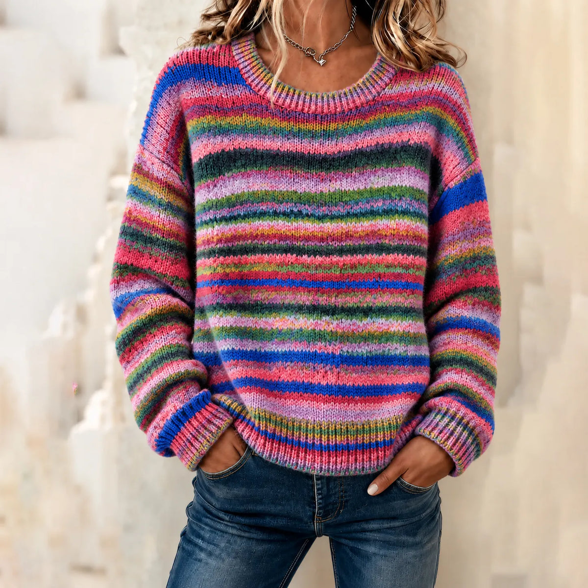 Women's Retro Colorful Striped Gradient Art Cozy Knit Sweater