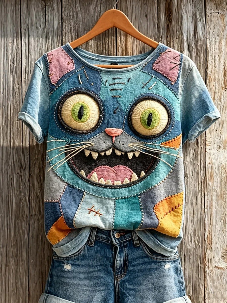 Women's Vintage Stitched Cat Monster Patchwork Art Print short-sleeved T-shirt