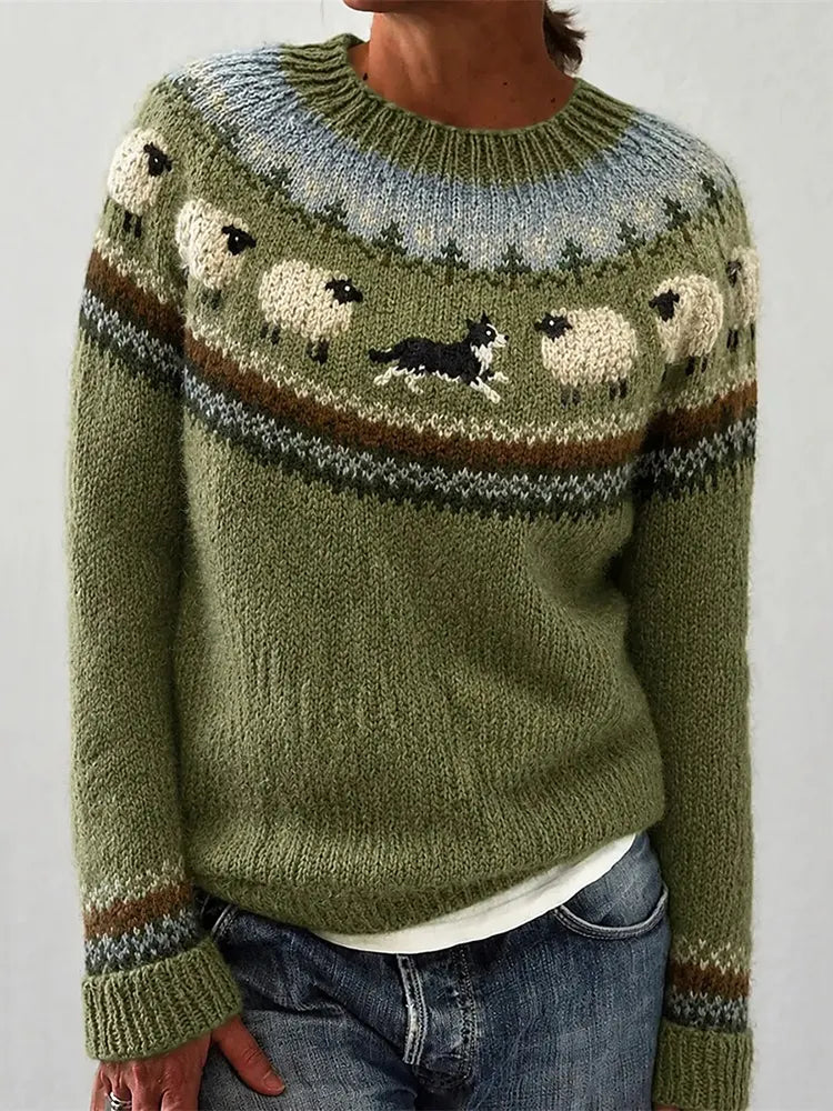 Women's Retro Farm Border Collie Sheep Patterns Cozy Fair Isle Style Knit Sweater