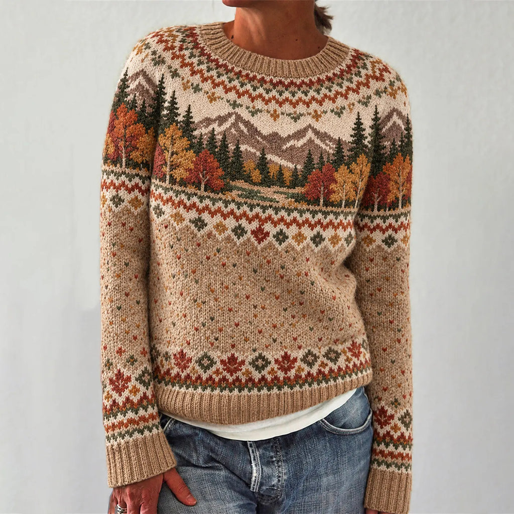 Women's Vintage Autumn Landscape Pattern Design Leisure Long Sleeve Sweater