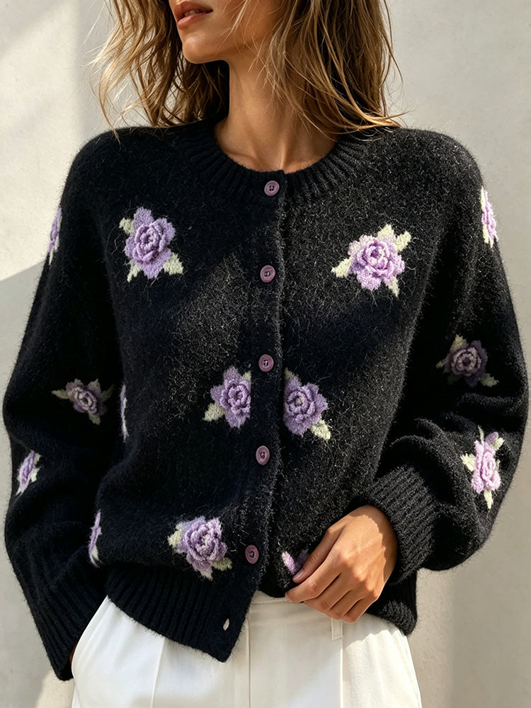 Women's Casual Purple Rose Embroidery Jacquard Knit Cardigan