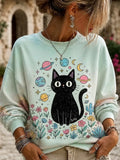 Women's Casual Tie-dye Crewneck Sweatshirt In Mint Green With Black Cat, Planets, And Floral Print