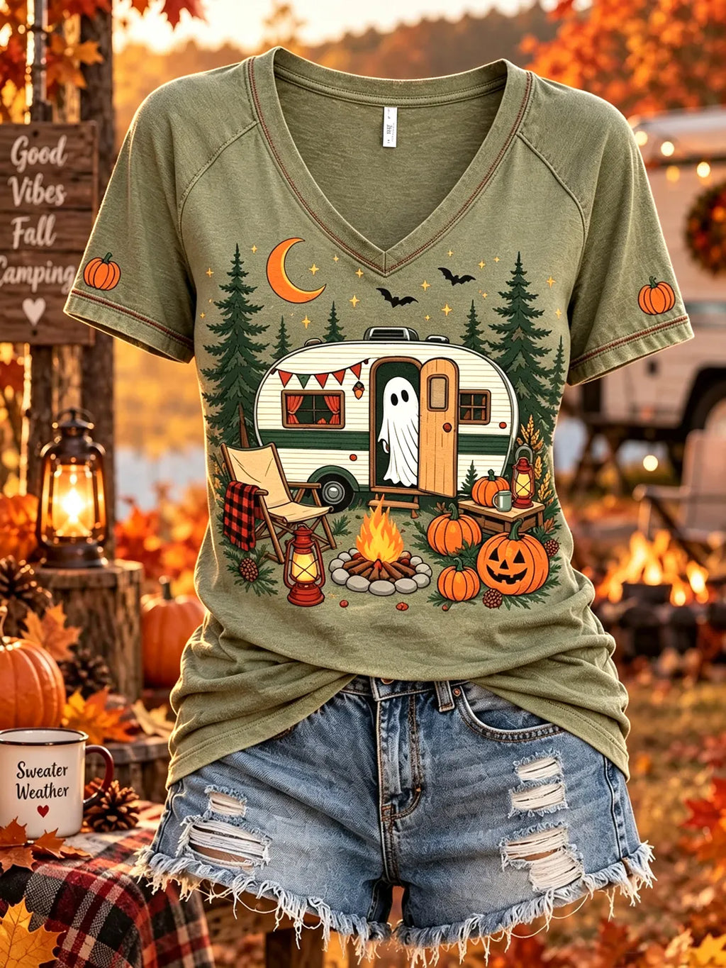 Women's Ghost Art Print V Neck Short Sleeve T-shirt