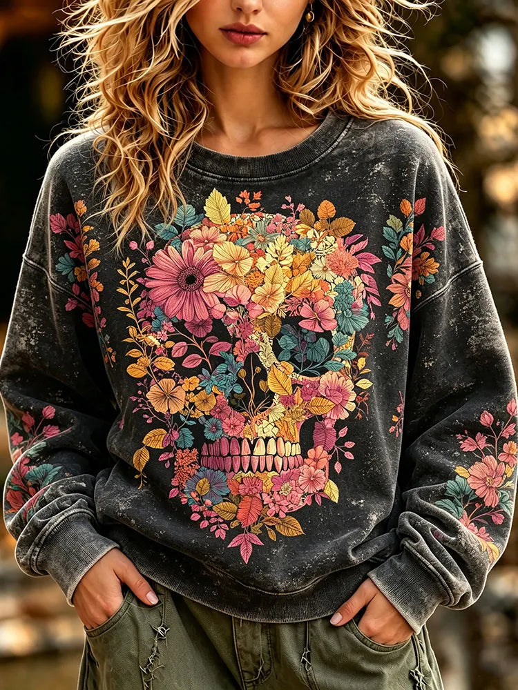 Women's Retro Hippie Boho Gothic Flowers Mineral Wash Crewneck Sweatshirt