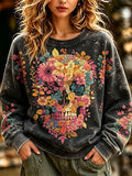 Women's Retro Hippie Boho Gothic Flowers Mineral Wash Crewneck Sweatshirt