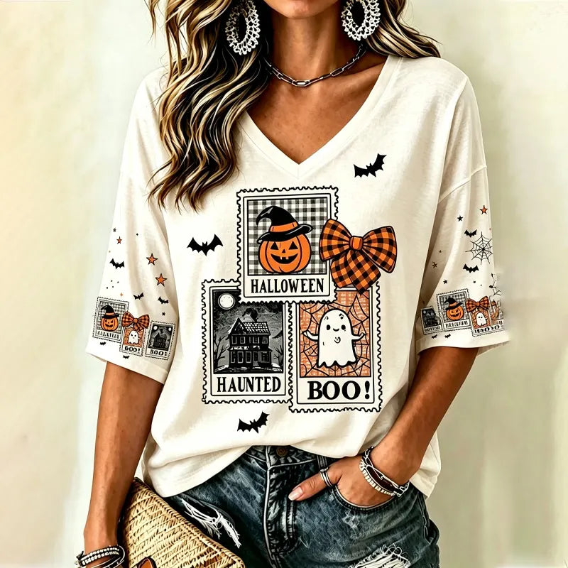 Women's Gothic Halloween Ghost Pumpkin Castle Stamp Pattern T-shirt