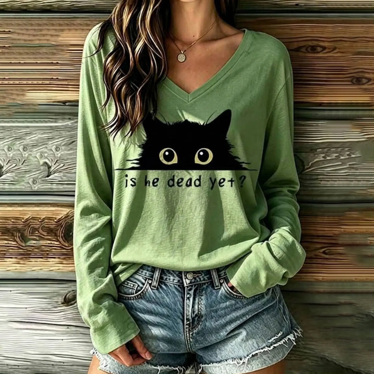 Women's Vintage Is He Dead Yet Black Cat  Print V-neck Long Sleeve T-shirt