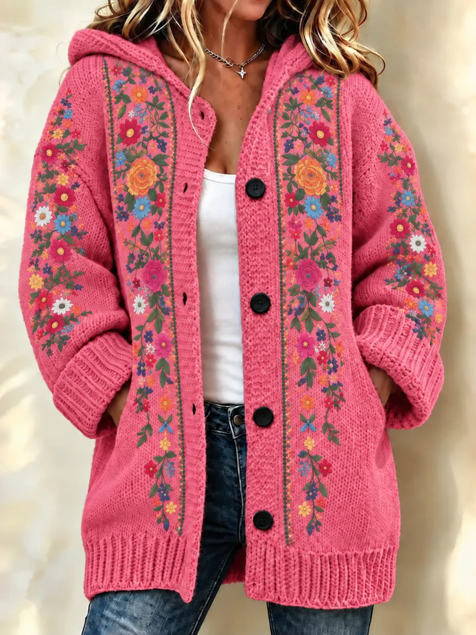 Women's Vintage Colorful Flowers Print Knit Hooded Cardigan