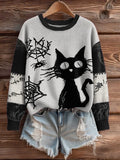 Women's Halloween Spider And Black Cat Print Sweater