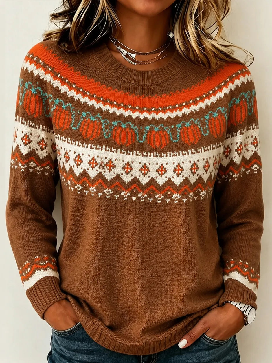 Women's Vintage Halloween Pumpkin Pattern Cozy Knit Sweater