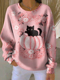 Women's Casual Cat Pumpkin Floral Print Long Sleeve Knit Top