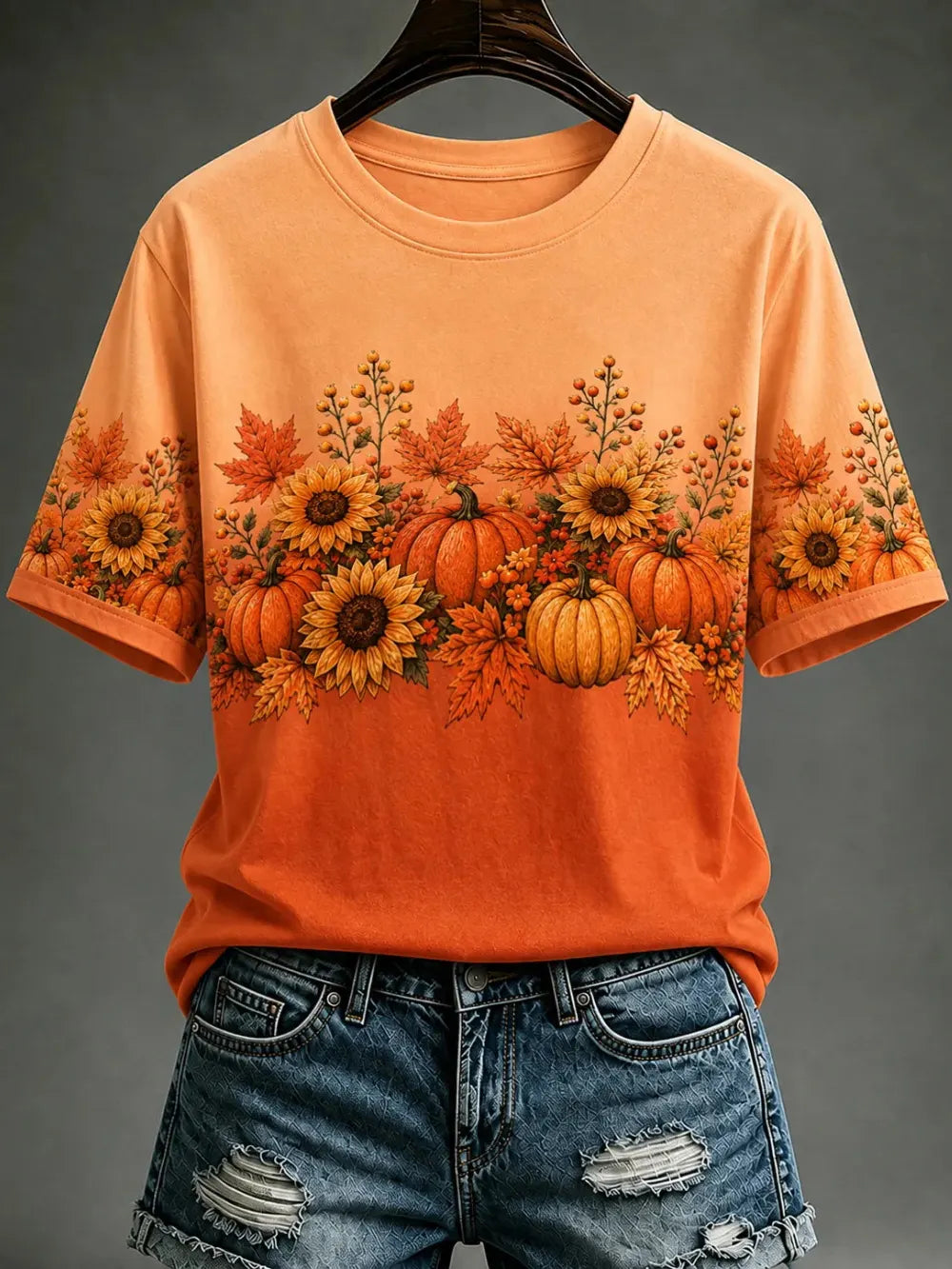 Women's Vintage Autumn Pumpkin And Floral Print T-shirt