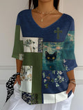 🐾Buy 3 Save 10%🐱Women's Faith Oil Painting Black Cat Print V-Neck Long Ribbed Top💛100% For Shelter Pets🐱🐶