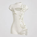 Women's Japanese Art Floral Print Cotton Linen High-neck Short-sleeve Jumpsuit