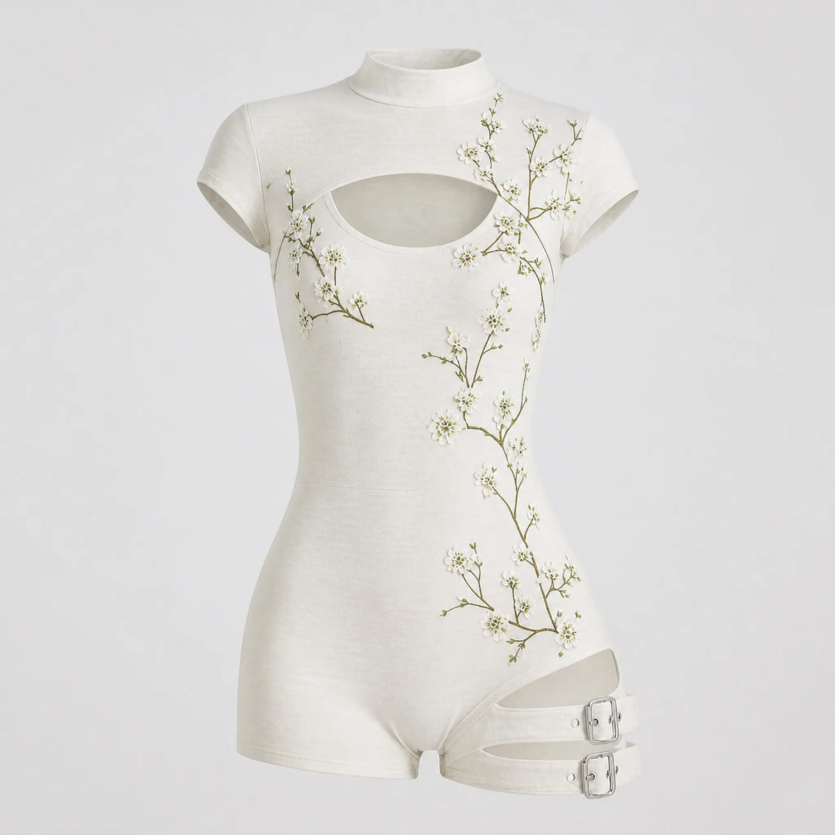 Women's Japanese Art Floral Print Cotton Linen High-neck Short-sleeve Jumpsuit