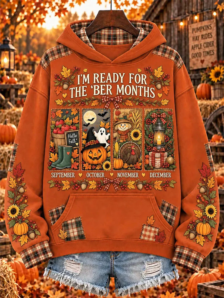 Women's I'm Ready For The Ber Months Fall Pumpkin Turkey Snowman Print Pocket Hoodie