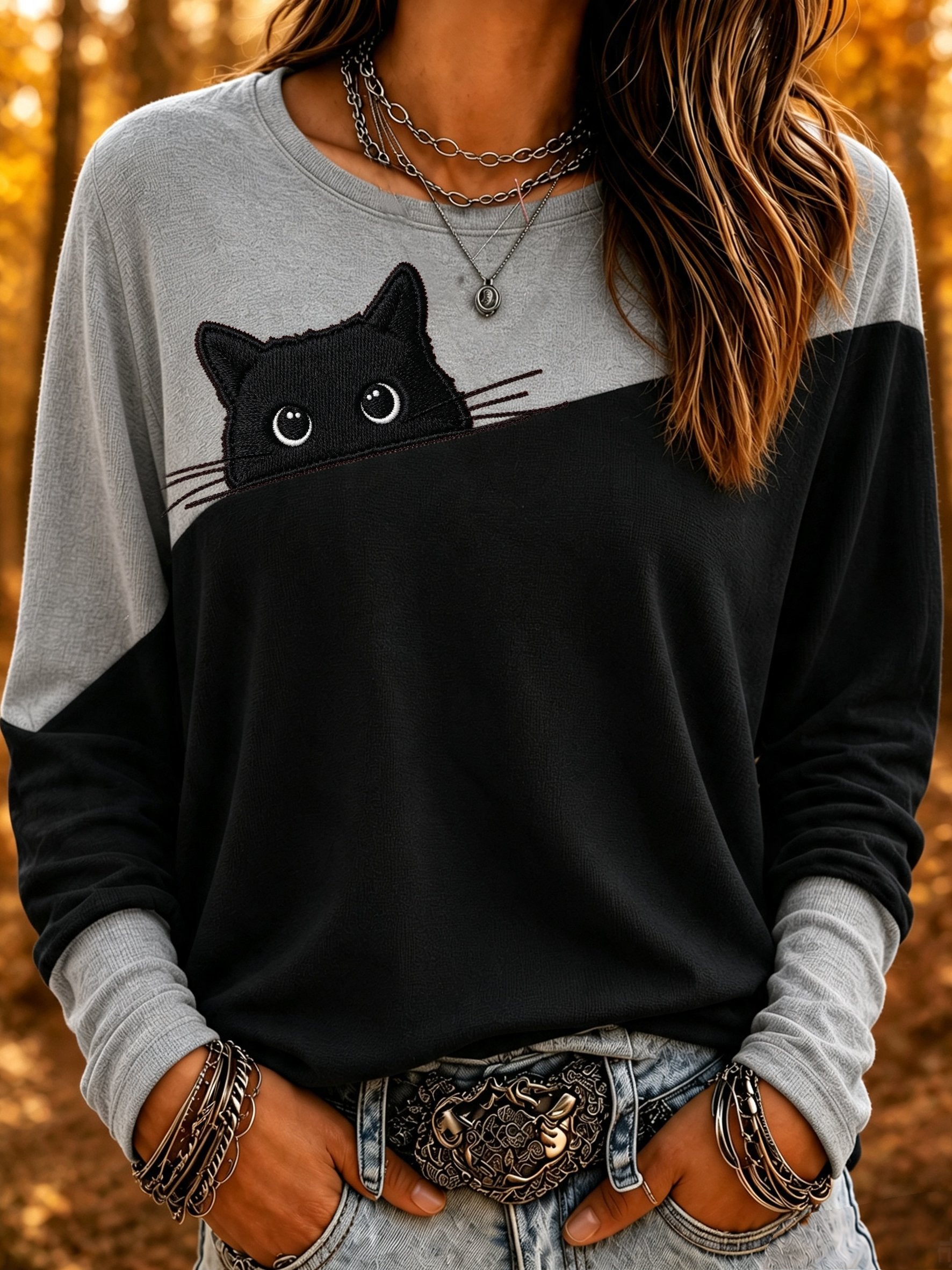 Women's Mysterious Black Cat Print Crew Neck Top