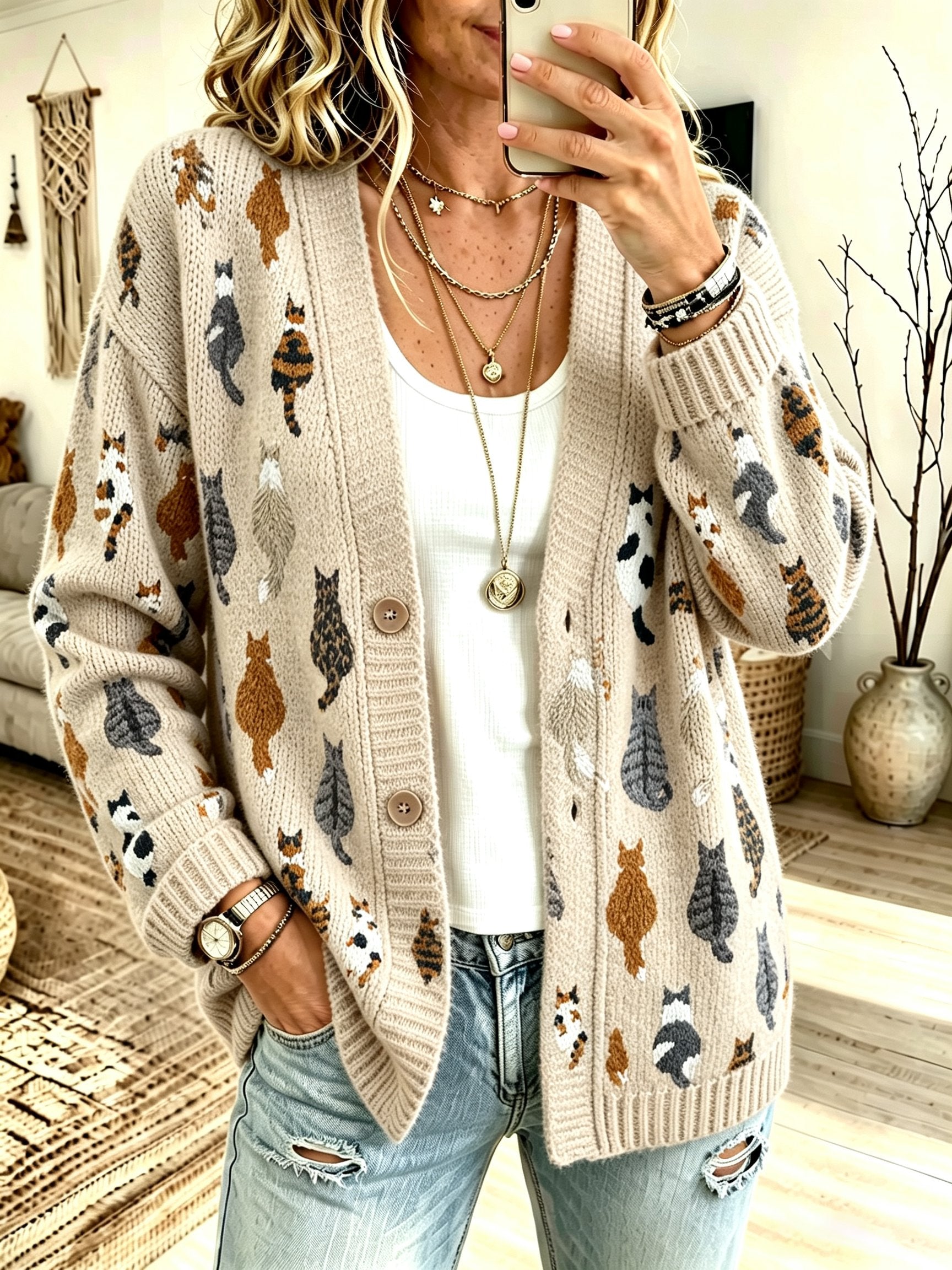 Women's Retro Cat Print Sweater Jacket