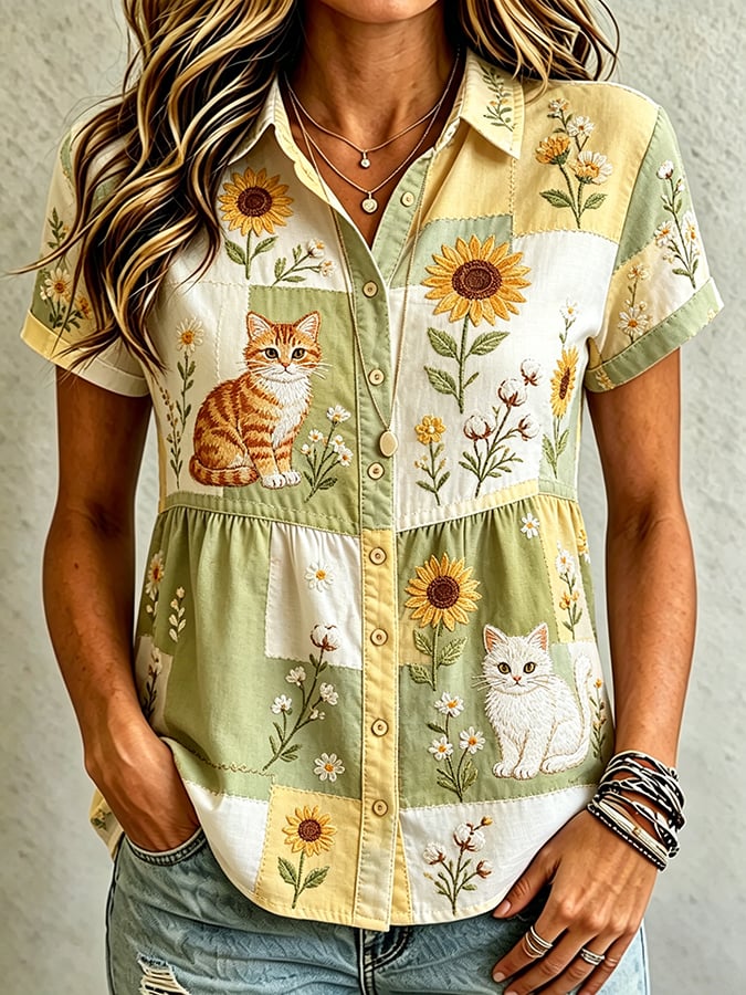🐾Buy 3 Save 10%🐱Women's Casual Cat Floral Print Shirt💛100% For Shelter Pets🐱🐶