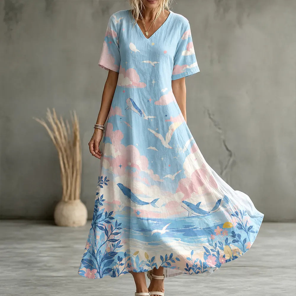 Women's Ocean Whale Cloud Print V-neck Maxi Dress