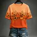 Women's Vintage Autumn Pumpkin And Floral Print T-shirt