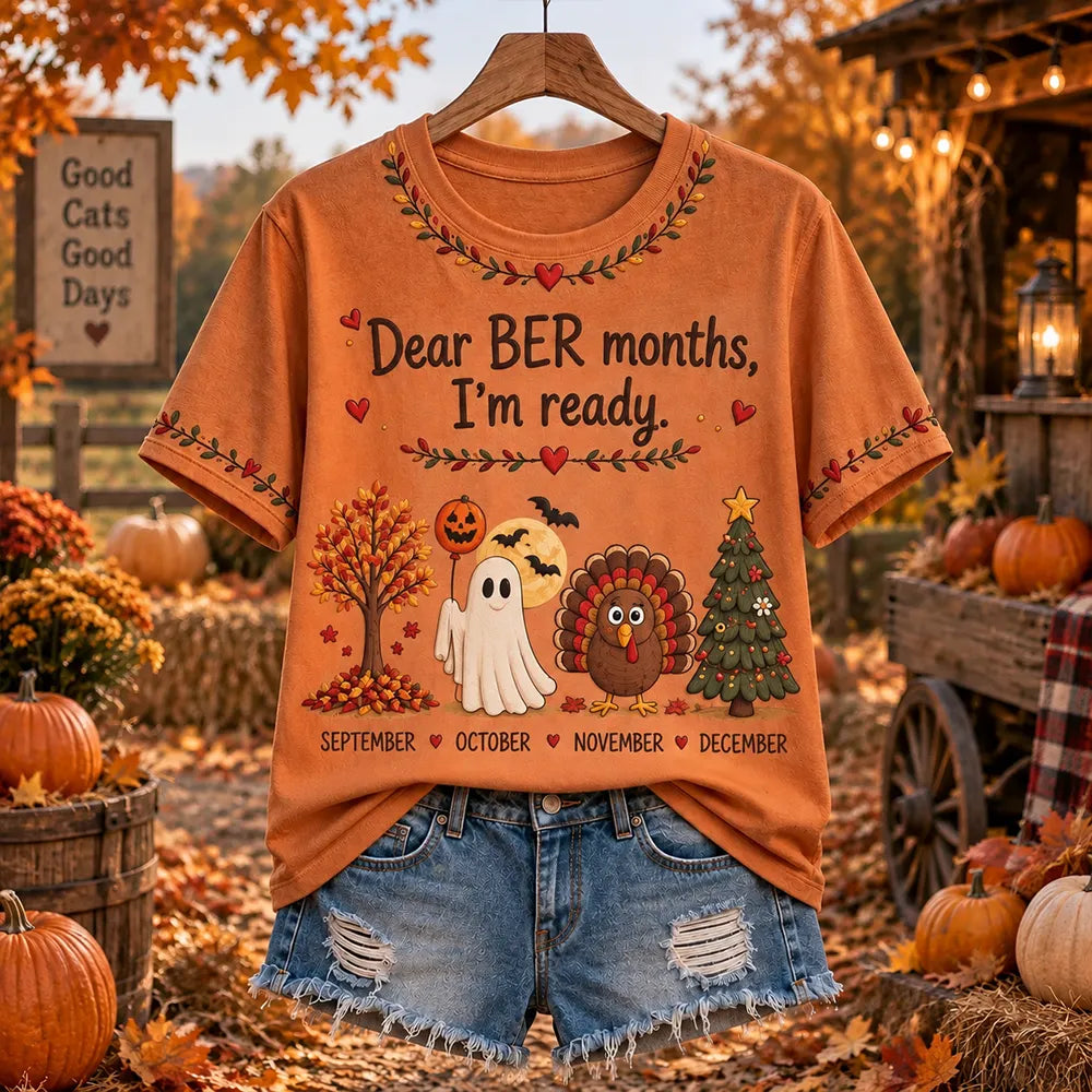 Women's "dear Ber Months I'm Ready" Autumn Ghost Turkey And Christmas Tree Graphic T-shirt
