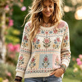 Women's Vintage Bohemian Floral Jacquard Knit Crew-neck Sweater