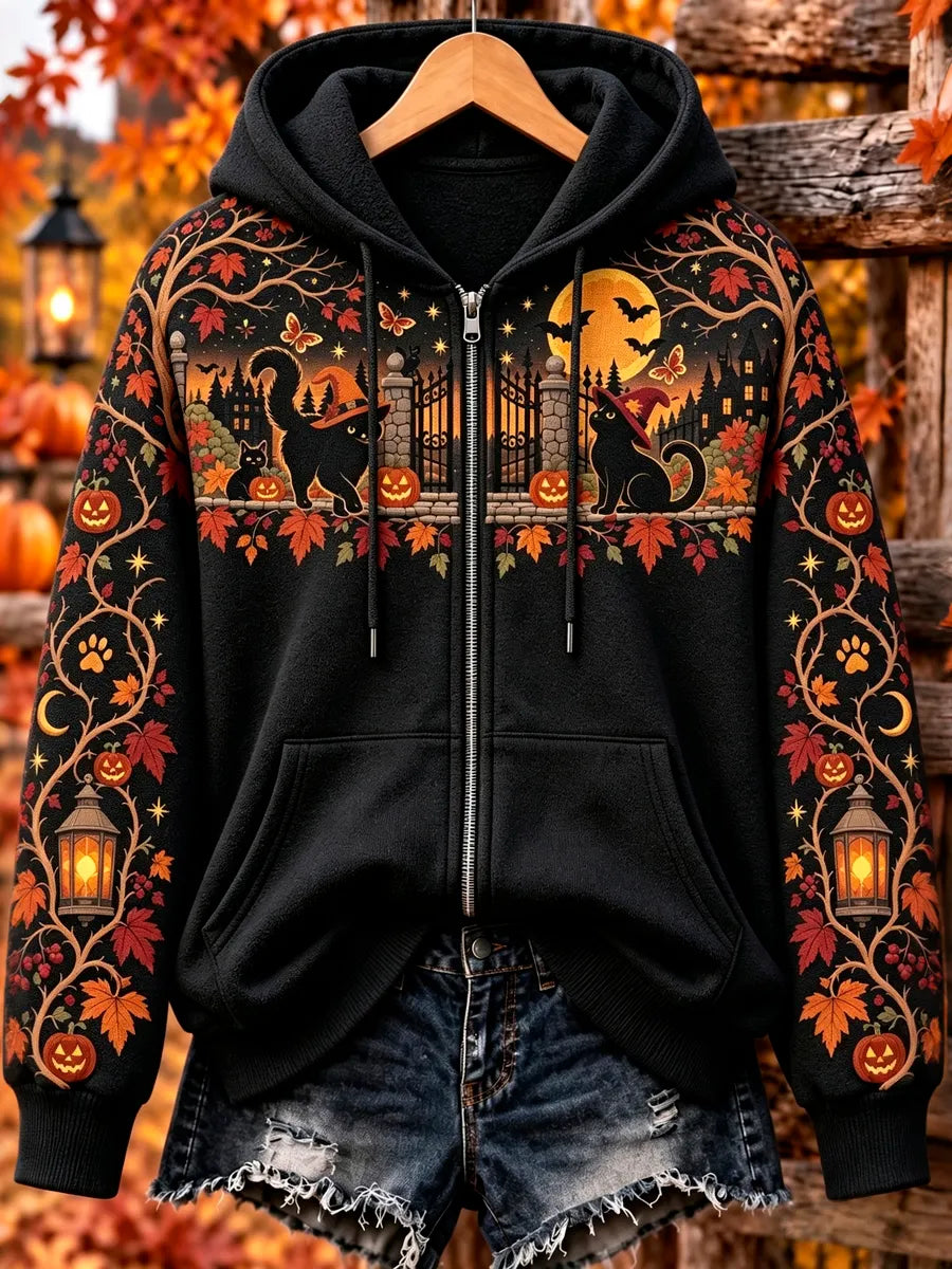 Women's Vintage Halloween Black Cat And Pumpkin Art Print Zipper Hoodie