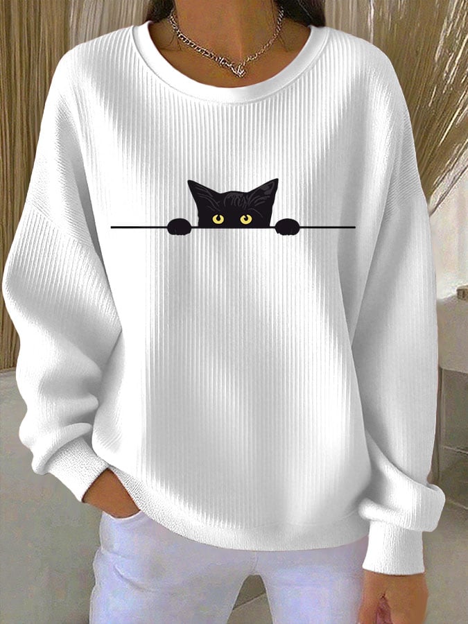 Women's Cat Print Knit Crew Neck Long Sleeve Top