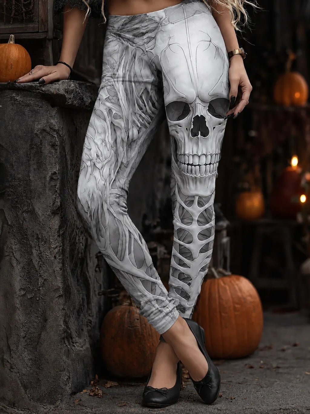 Women's Vintage Horror Skull Face Print Comfy Leggings