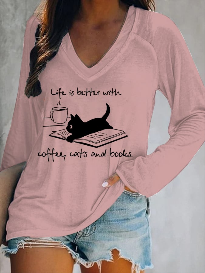 Coffee Cat And Book Print Women's Long-Sleeved V-Neck T-Shirt