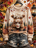 Women's Autumn Highland Cow Print Flannel Sweatshirt