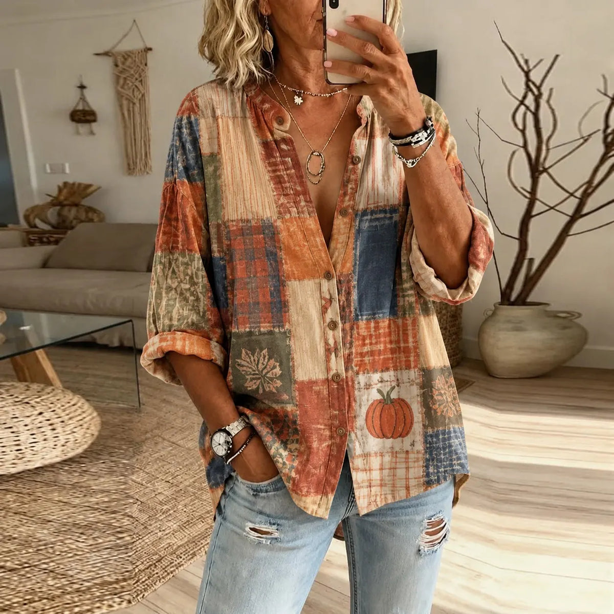 Women's Autumn Color-block Pumpkin Print Shirt