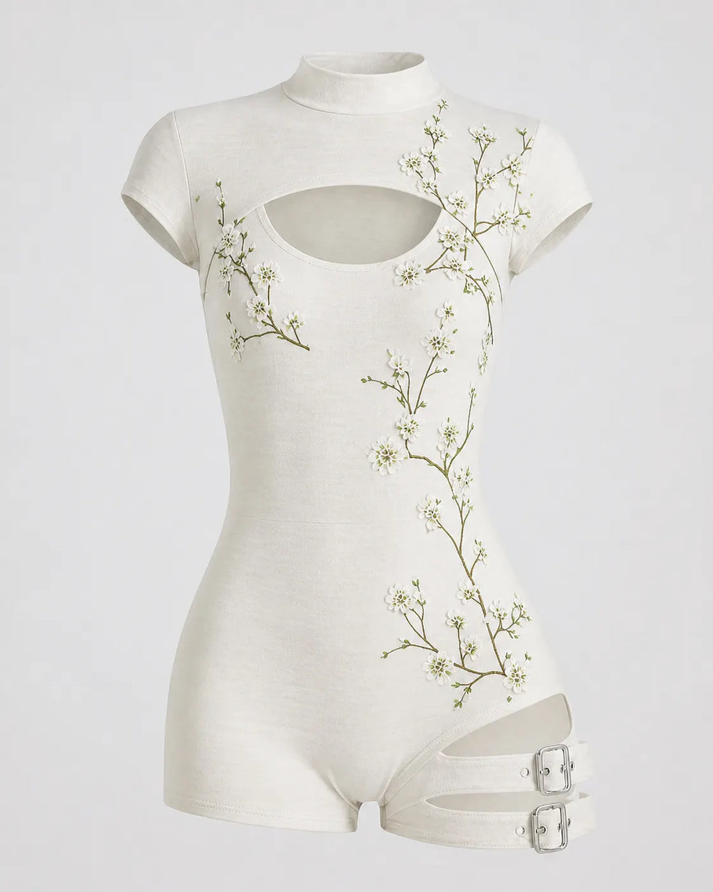Women's Japanese Art Floral Print Cotton Linen High-neck Short-sleeve Jumpsuit
