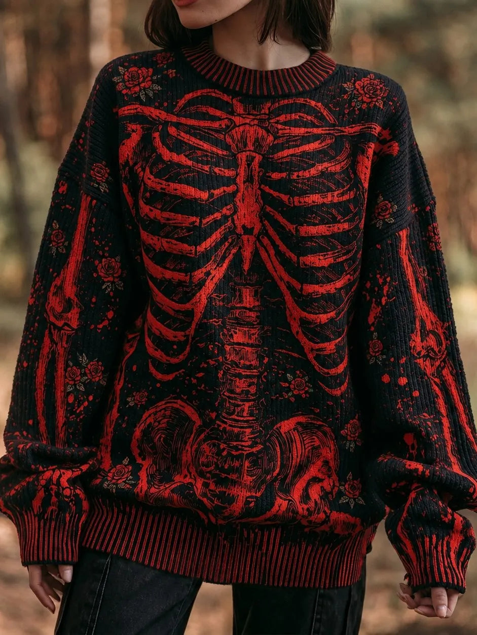 Women's Retro Halloween-themed Human Skeleton Print Sweater