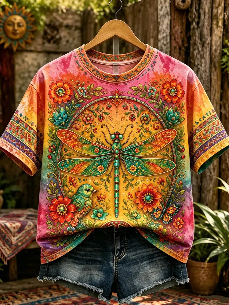 Vintage Hippie Bohemian Style Dragonfly Peace Symbol Floral Print T-shirt