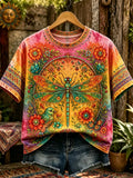 Vintage Hippie Bohemian Style Dragonfly Peace Symbol Floral Print T-shirt