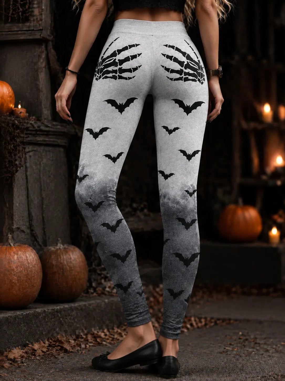 Women's Vintage Skeleton And Bat In Gradient Print Comfy Leggings