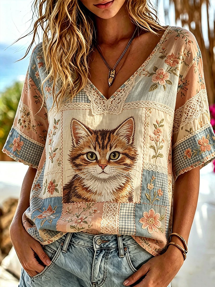 🐾Buy 3 Save 10%🐱Women's Casual Retro Short-Sleeve Top with Deep V-Neck and Cat Print💛100% For Shelter Pets🐱🐶