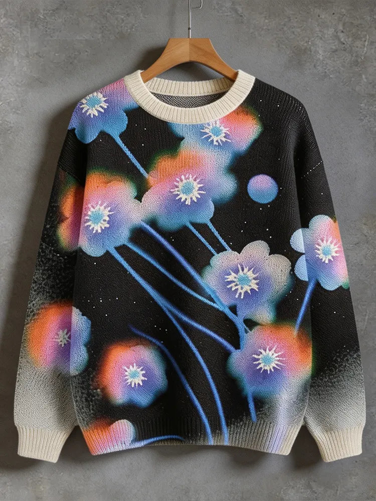 Retro Bohemian Y2k Fantasy Color Gradient Neon Floral Print Loose Crew Neck Sweater