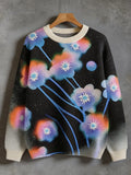 Retro Bohemian Y2k Fantasy Color Gradient Neon Floral Print Loose Crew Neck Sweater
