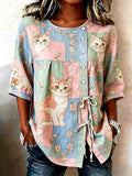 🐾 Buy 3 Save 10%🐱Women's Denim Cat Portrait Patchwork Art Print Casual Top💛100% For Shelter Pets🐱🐶