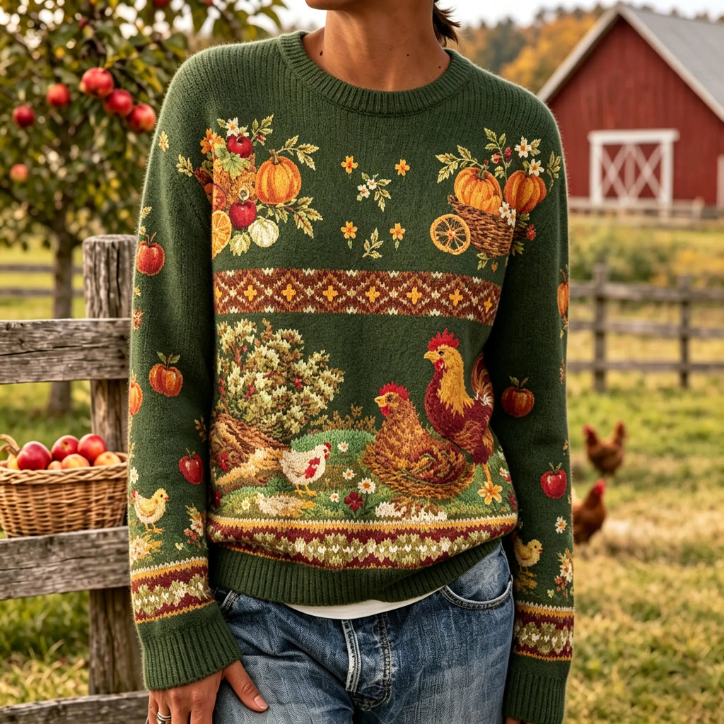 Women's Vintage Farm Animal Print Casual Crew-neck Knit Sweater