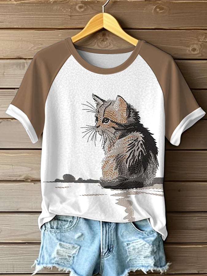 Women's Retro Funny Animal Cat Print Short Sleeve Top