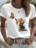 Women's Kitten and Butterfly Printed Casual T-Shirt