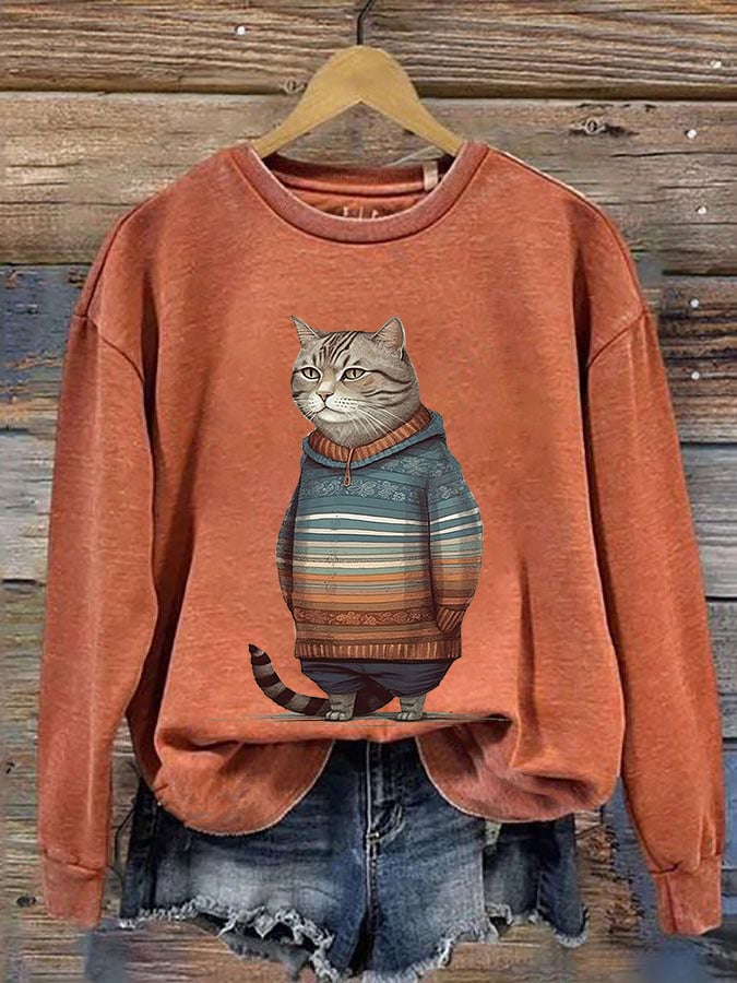 Women's Winter Cat Print Crew Neck Sweatshirt